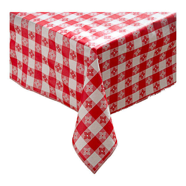 A Marko Classic red gingham vinyl table cover on a table.