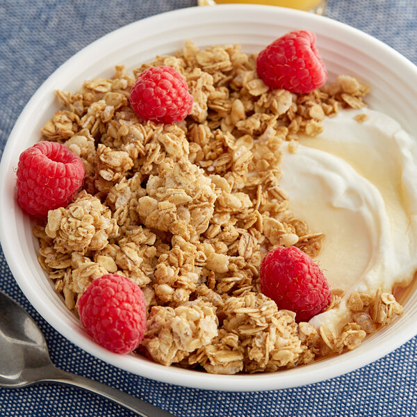 A bowl of Cascadian Farm Organic Oats and Honey Granola with raspberries and yogurt.