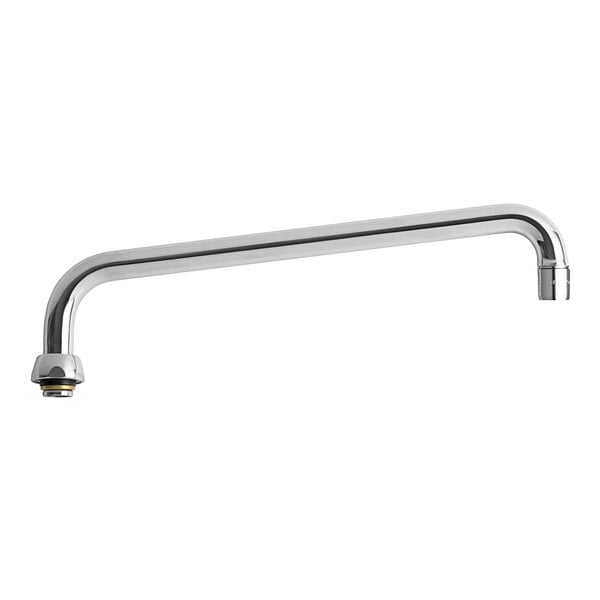 A silver Chicago Faucets L-type swing spout with black and yellow accents.