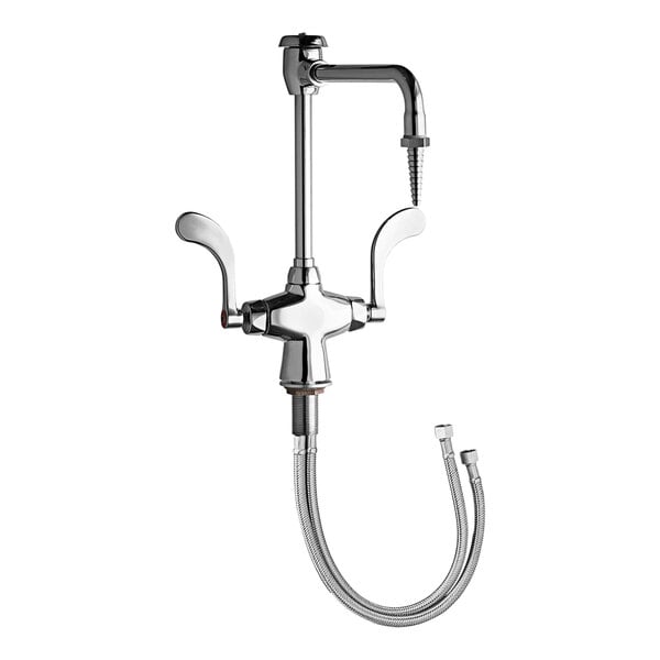 A Chicago Faucets deck-mounted laboratory faucet with a rigid / swing gooseneck spout.