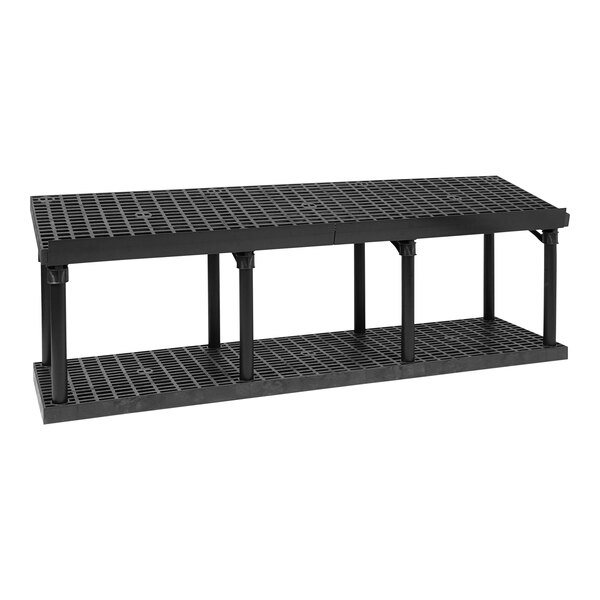 A black plastic Benchmaster end cap display with a grid top and tilt legs.