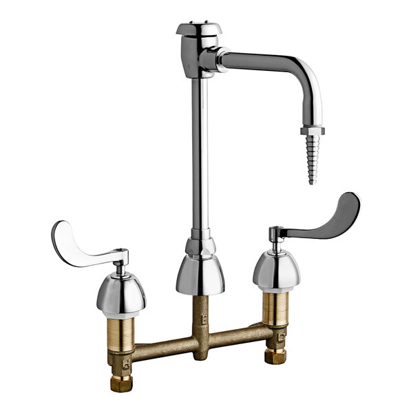 A Chicago Faucets deck-mounted laboratory faucet with two levers and a gooseneck spout.