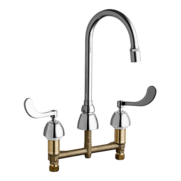 A Chicago Faucets chrome deck-mounted faucet with two handles and a gooseneck spout.