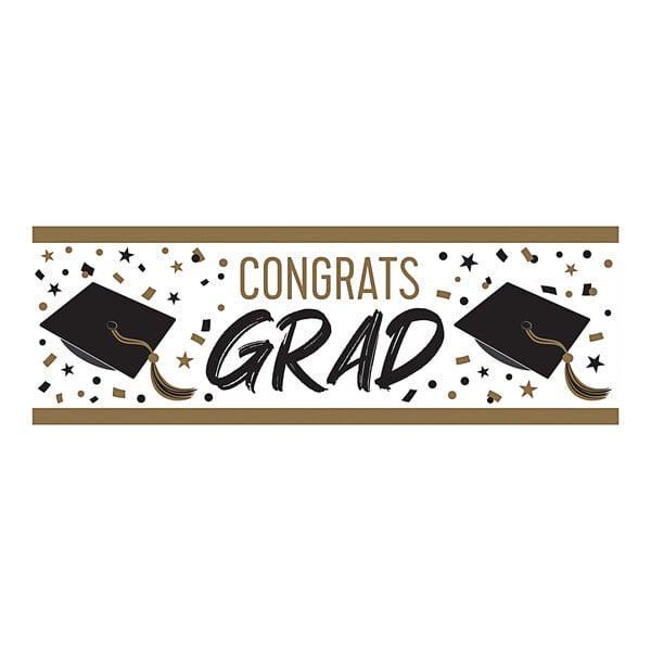 A white banner with a black graduation cap, gold tassel, and gold stars with text "Congrats Grad" in gold.