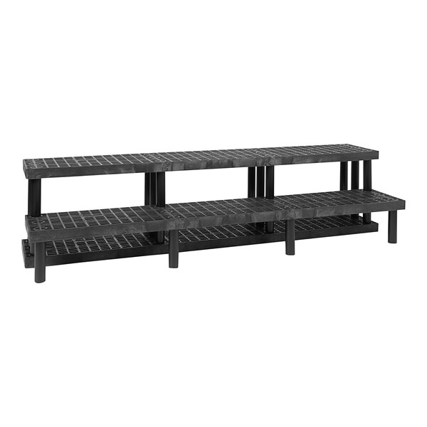 A black bench with two shelves on it.