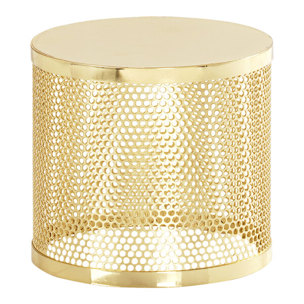 A gold metal display riser with a mesh design.