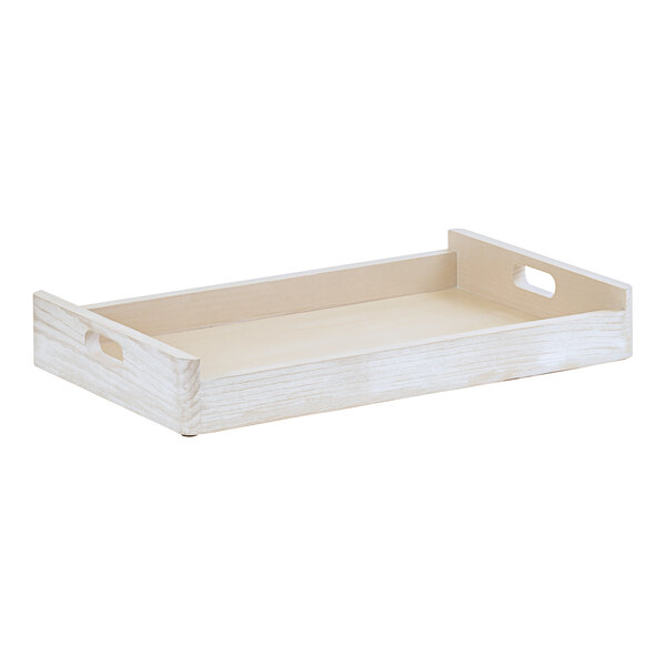 A white wooden tray with handles.