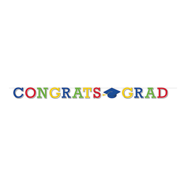 A white Creative Converting banner with colorful "Congrats Grad" letters and grad caps.