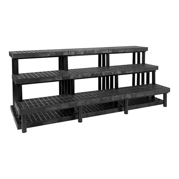 A black plastic Benchmaster end cap display with three shelves.