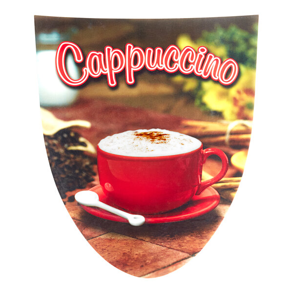 A red mug with white foam displayed on a white surface with a red and white sign for Bunn 37457.0000.