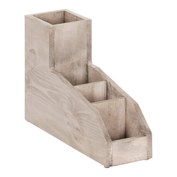 A Cal-Mil gray-washed pine wood tea organizer with four sections.