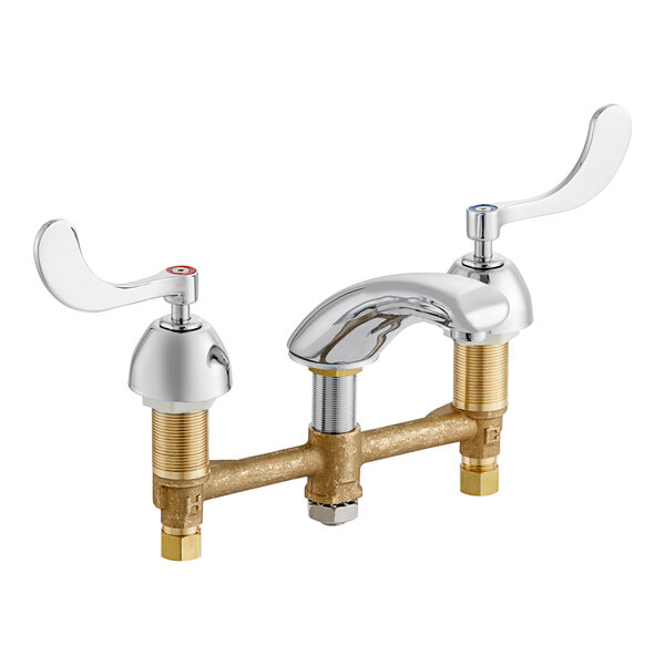 A Chicago Faucets deck-mounted faucet with handles and a chrome finish.