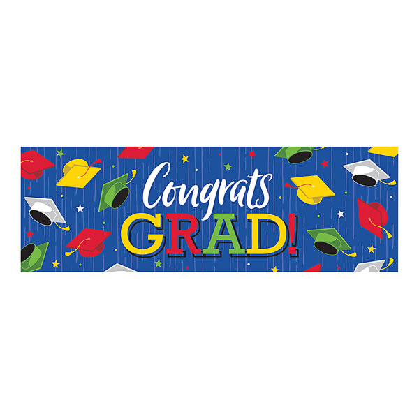 A white banner with blue and green accents and colorful text reading "Congrats Grad" with graduation caps and stars.