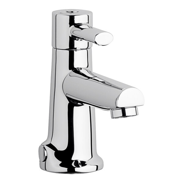 A silver Chicago Faucets deck-mounted faucet with a single handle.