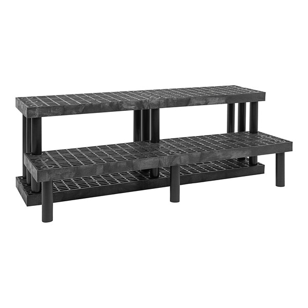 A black heavy-duty plastic Benchmaster end cap display with metal grate shelves.