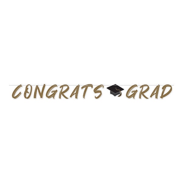 A white banner with "Congrats Grad" in brown and gold with a graduation cap.