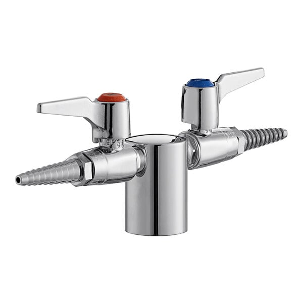 A close-up of a Chicago Faucets chrome deck-mounted laboratory turret with two silver handles.