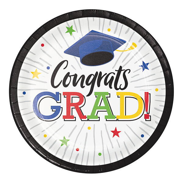 A Creative Converting paper plate with the text "Hats Off Grad" and a graduation cap on it.