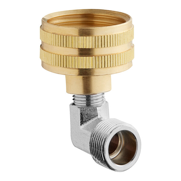A gold and silver brass threaded pipe elbow assembly.