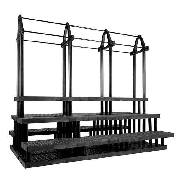 A black plastic Benchmaster pyramid display with plant hanger bars.