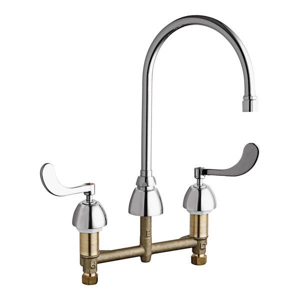 A chrome Chicago Faucets deck-mounted faucet with two handles and an 8" rigid/swing gooseneck spout.