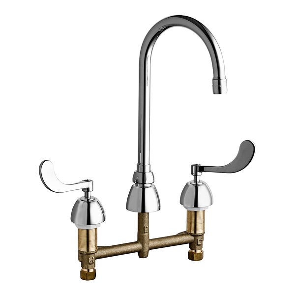 A Chicago Faucets chrome deck-mounted faucet with two handles and a gooseneck spout.
