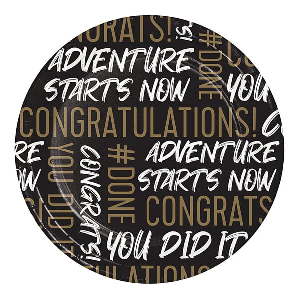 A white paper plate with black and gold text that says "Adventure starts now" with a gold border.