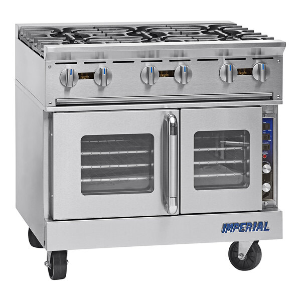 An Imperial Range stainless steel gas range with 6 burners and a Provection oven.