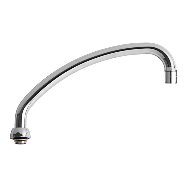 A silver Chicago Faucets L-Type swing spout with a yellow knob.