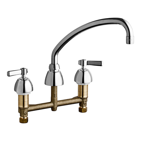 A Chicago Faucets deck-mounted faucet with two L-shaped handles.