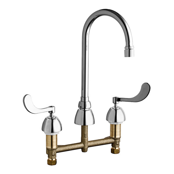 A Chicago Faucets chrome deck-mounted faucet with gooseneck spout and handles.