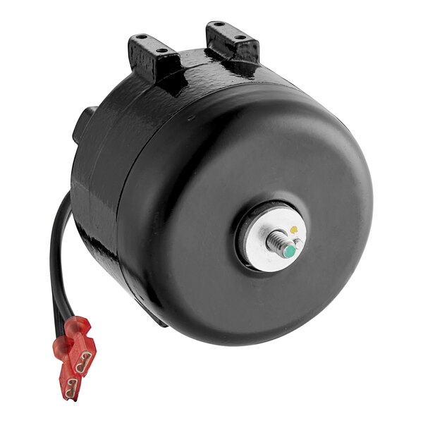 A black round condenser fan motor with red and black wires.