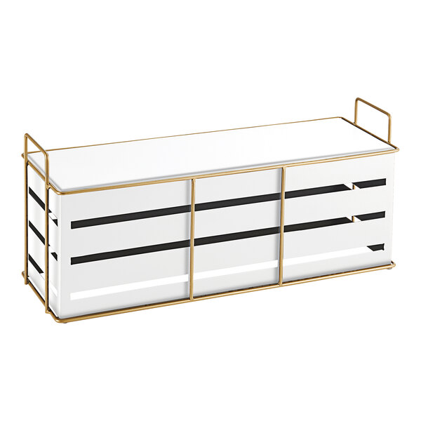 A white and gold metal display riser with a rectangle top and metal legs.