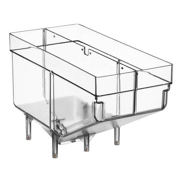 A Bunn double hopper assembly with clear plastic containers and metal legs.