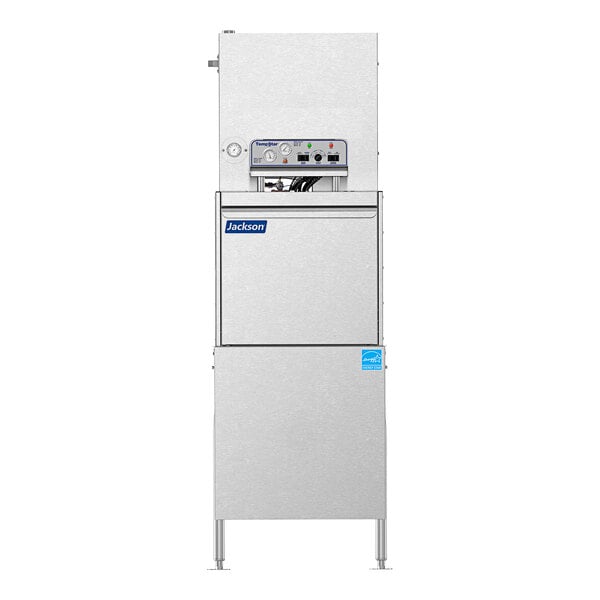 A large stainless steel Jackson TempStar ventless door type dishwasher with two doors.