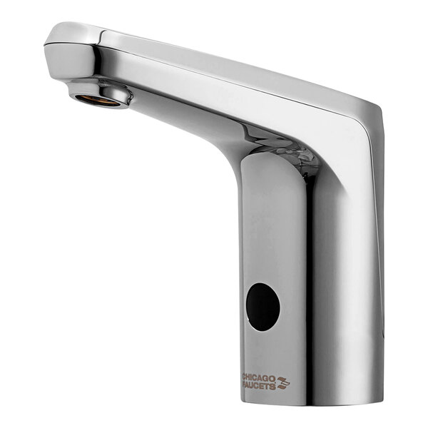 A Chicago Faucets E-Tronic touch-free faucet with a black and silver design.