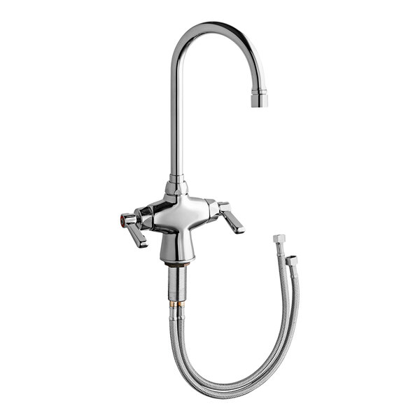 A chrome Chicago Faucets deck-mounted faucet with a gooseneck spout and Econo-Flo spray outlet.