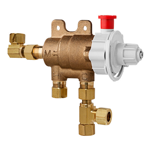 A Chicago Faucets brass thermostatic mixing valve with red and white valves.