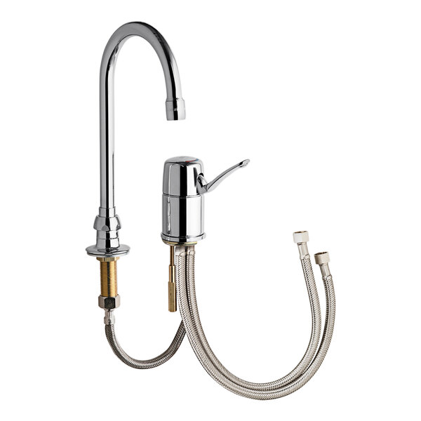 A Chicago Faucets chrome deck-mounted faucet with a gooseneck spout and hose attachment.