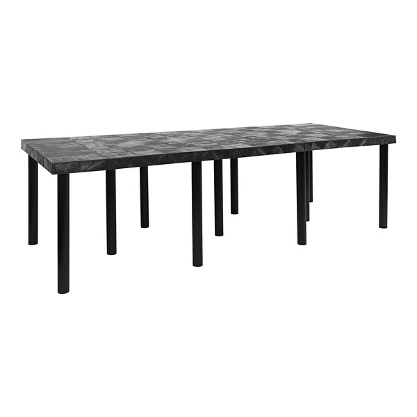 A black Benchmaster platform display table with legs and a black top.