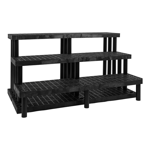 A black Benchmaster end cap display with three black plastic shelves.