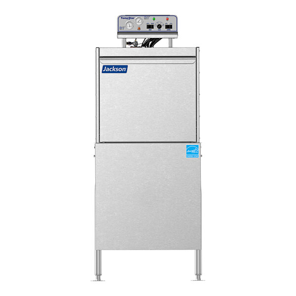 A stainless steel Jackson TempStar door type dishwasher with a blue control panel.