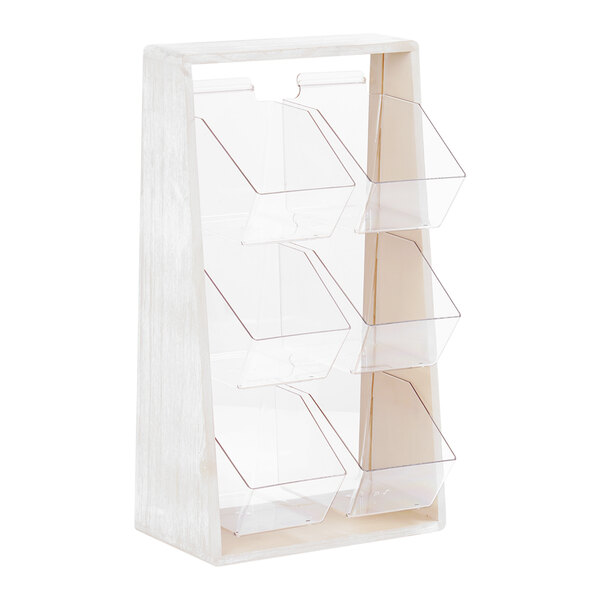A white wooden Cal-Mil condiment organizer with clear plastic bins.