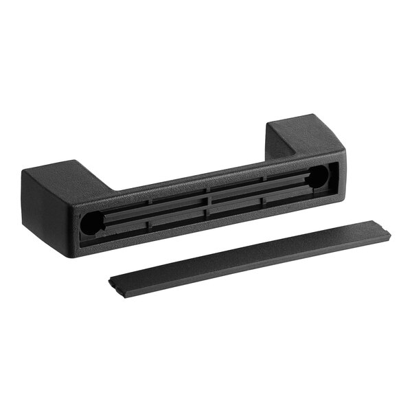 A black rectangular plastic handle with holes.