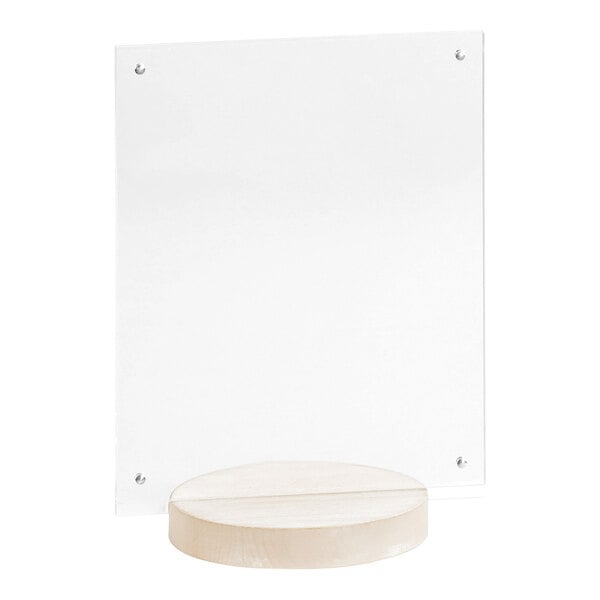 A white-washed pine wood base with a clear acrylic sign holder on a white table.