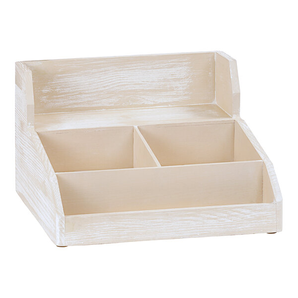 A white wooden Cal-Mil condiment organizer with three compartments.