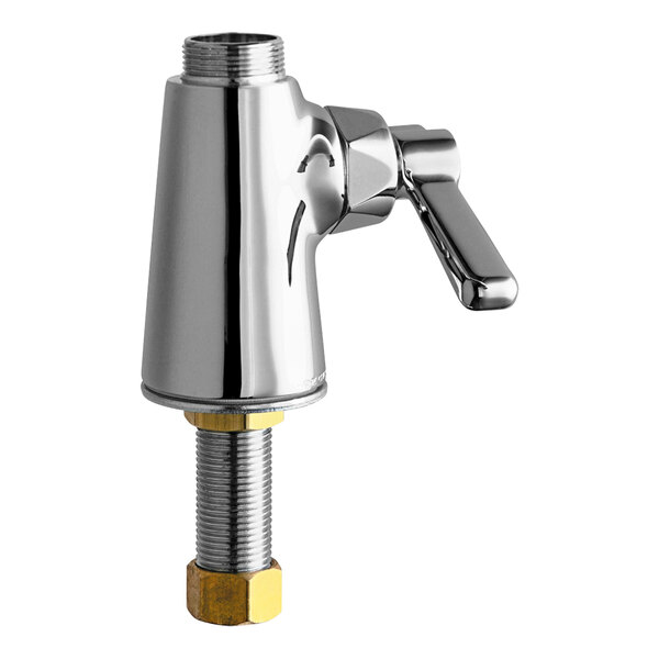 A silver Chicago Faucets spoutless faucet base with a brass nut.