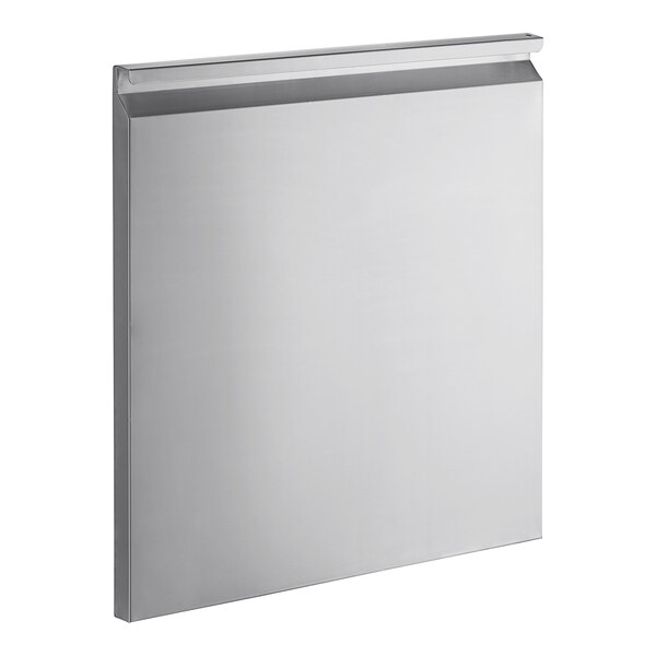 A stainless steel rectangular door with a black handle.