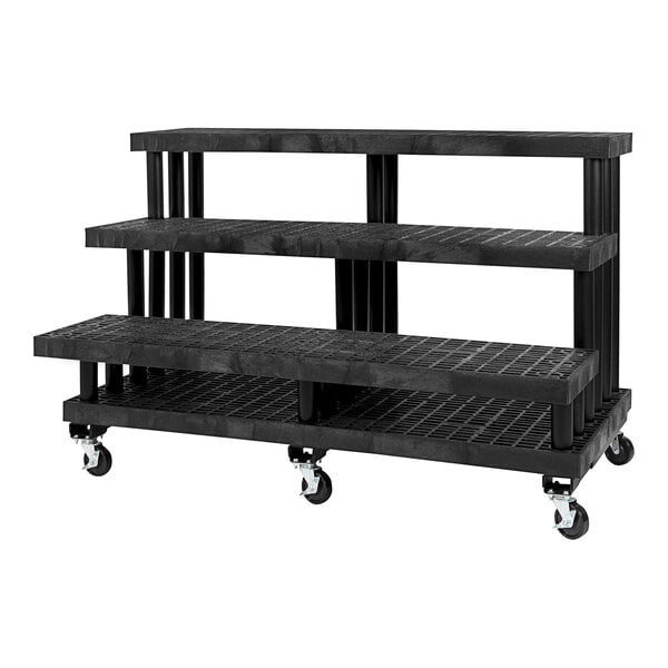 A black heavy-duty plastic Benchmaster three shelf display with casters.