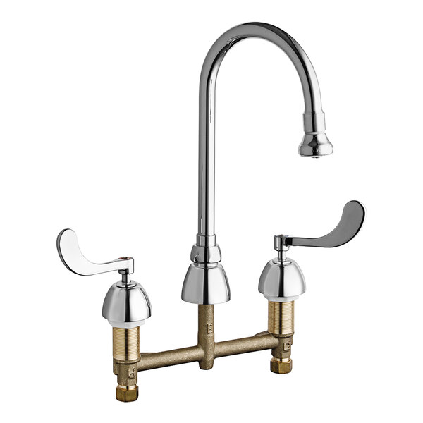 A Chicago Faucets deck-mounted faucet with two handles and a gooseneck spout.